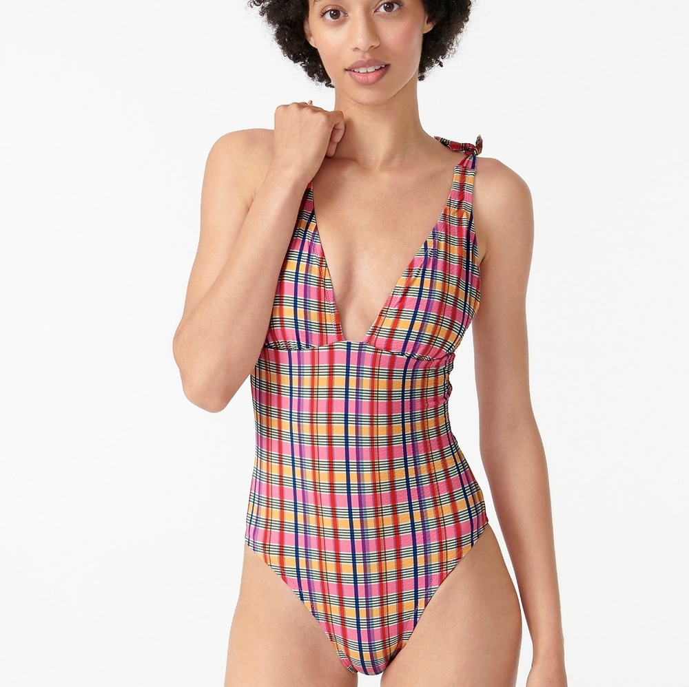 New! J. Crew sz 4 Tie-shoulder one-piece Plaid Swimsuit Madras Swim Suit NWT